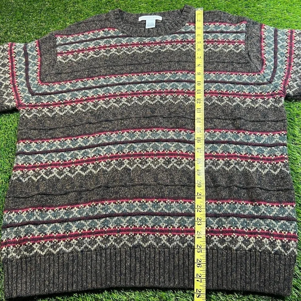 Vintage Geoffrey Beene Fair Isle Nordic Sweater XL Cotton Gray Pink 90s Knitwear